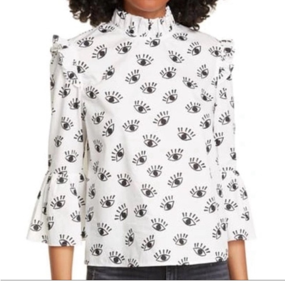 Alice + Olivia Eye Print Ruffle Top - White & Black